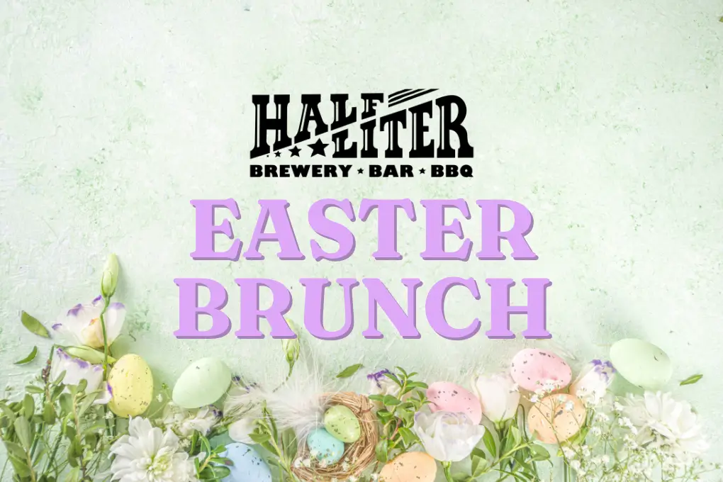 A festive pastel Easter background in greens, pinks, and purples with the Half Liter logo in black and 